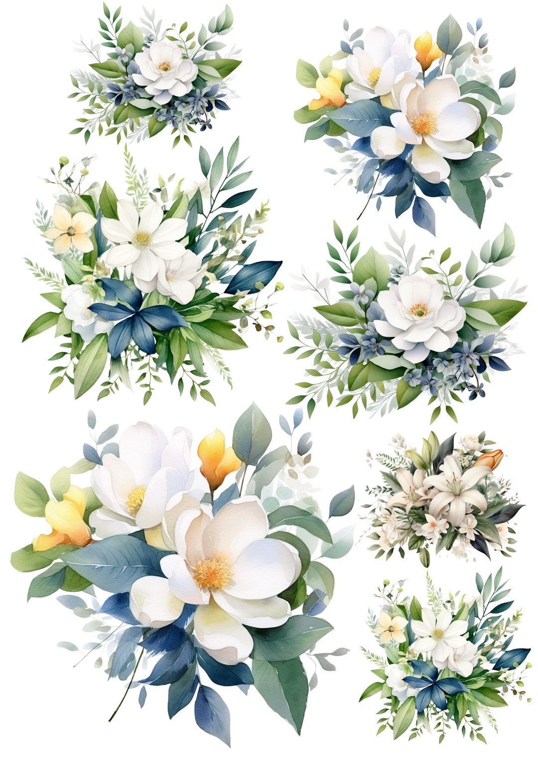 Reispapier für Decoupage-Collage mit weißen Blumensträußen, Kat.-Nr. 4025