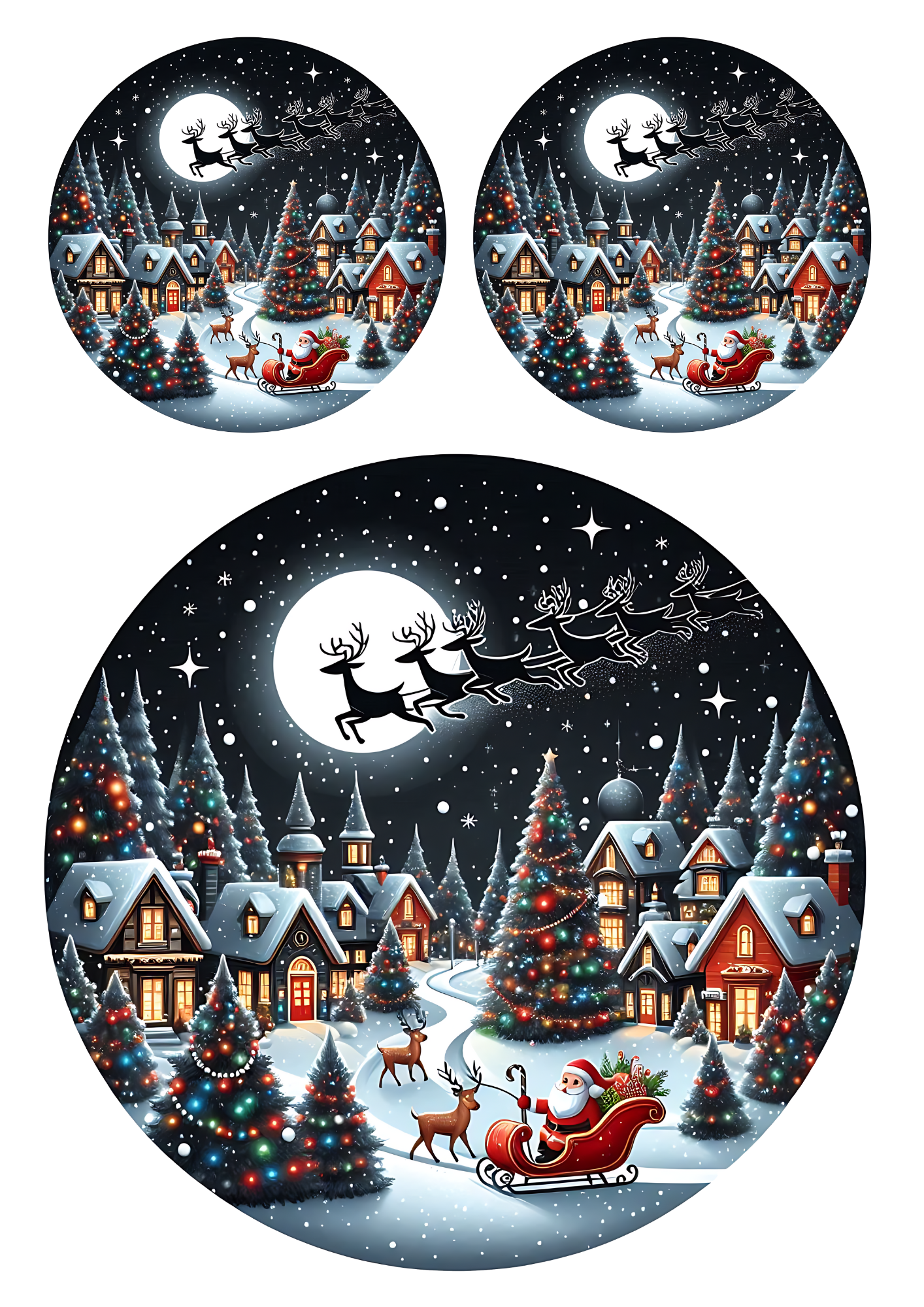 Rice Paper For Decoupage Christmas Village at Night in Circles Collage Cat No. 4032