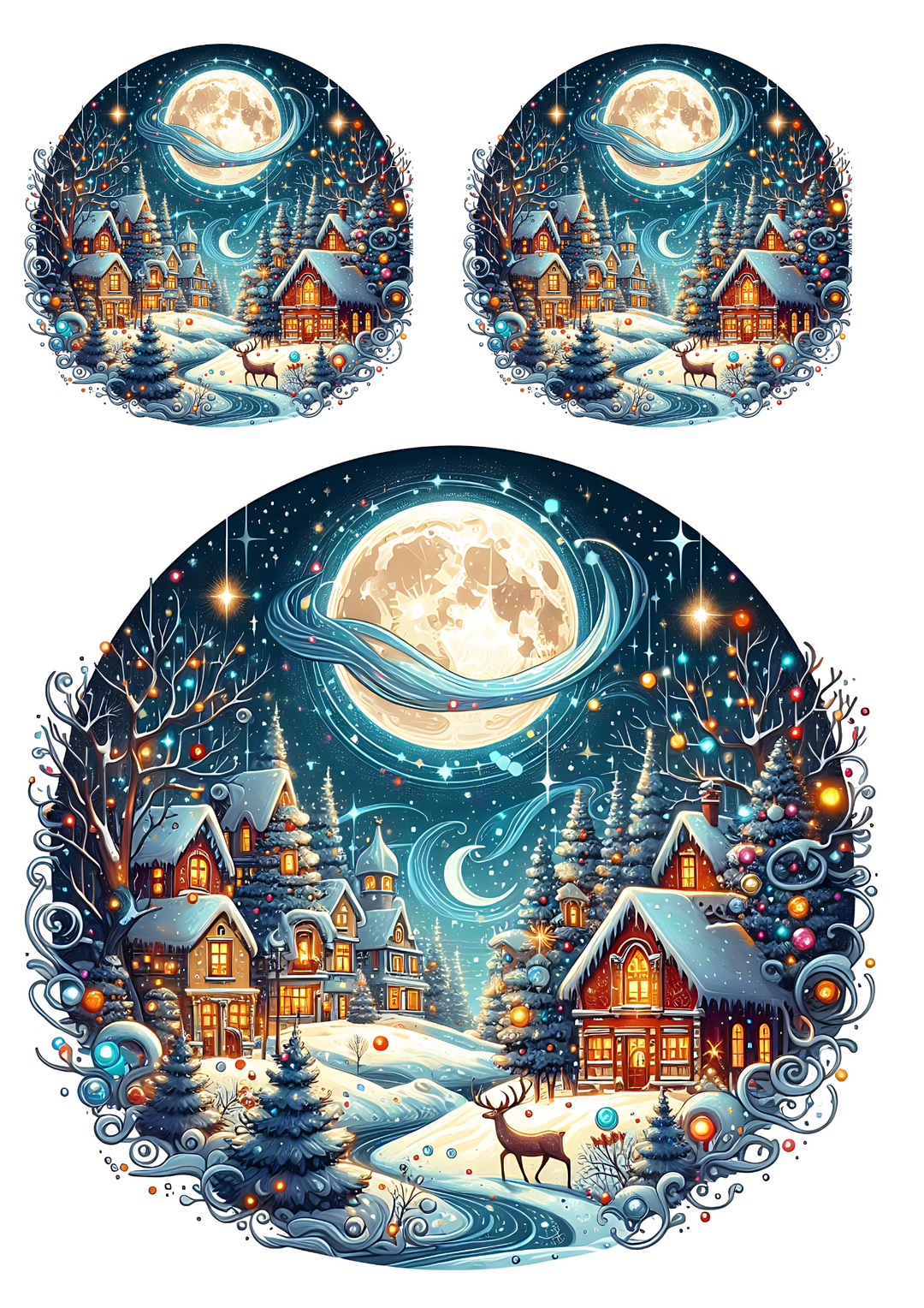 Reispapier für Decoupage, Mond über dem Dorf in Kreisen, Collage, Kat.-Nr. 4034