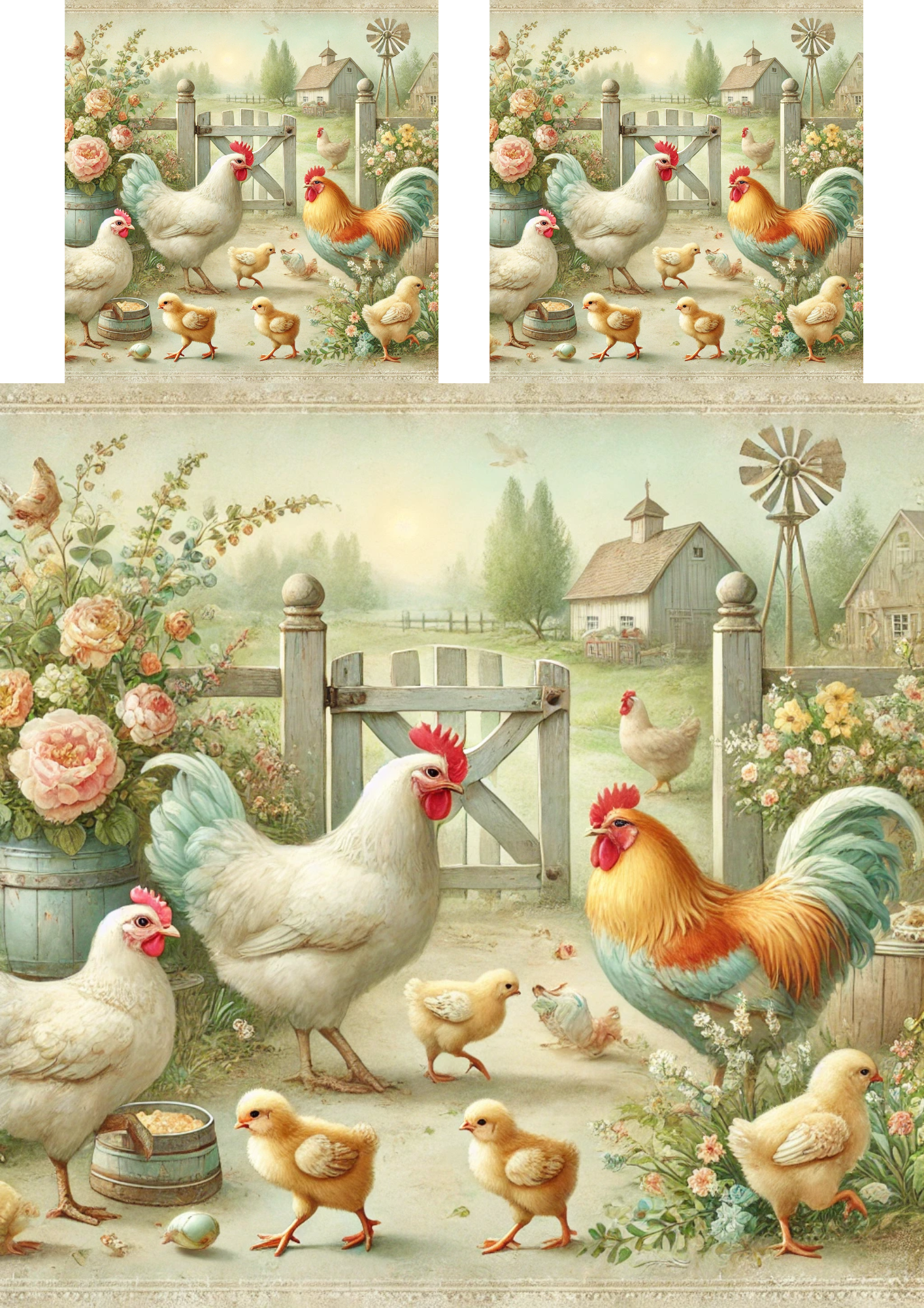 Rice Paper For Decoupage Hens, Rooster And Chicks Collage Cat No. 4068