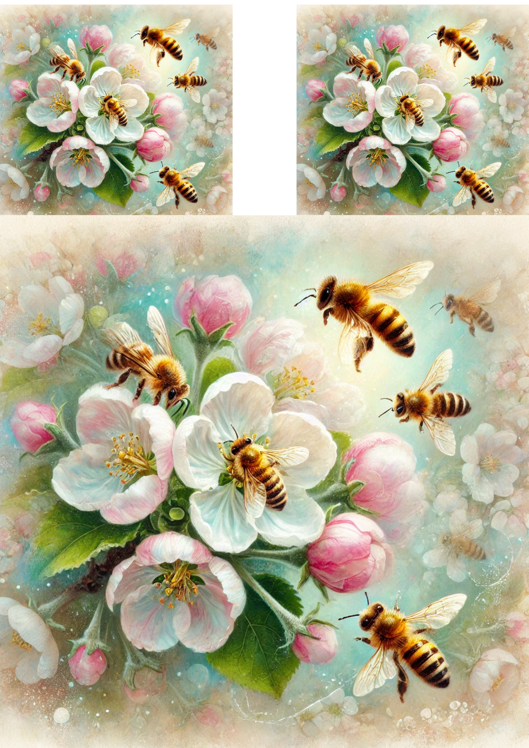 Reispapier für Decoupage-Collage „Bienen auf einem blühenden Apfelbaum“ Kat. Nr. 4088