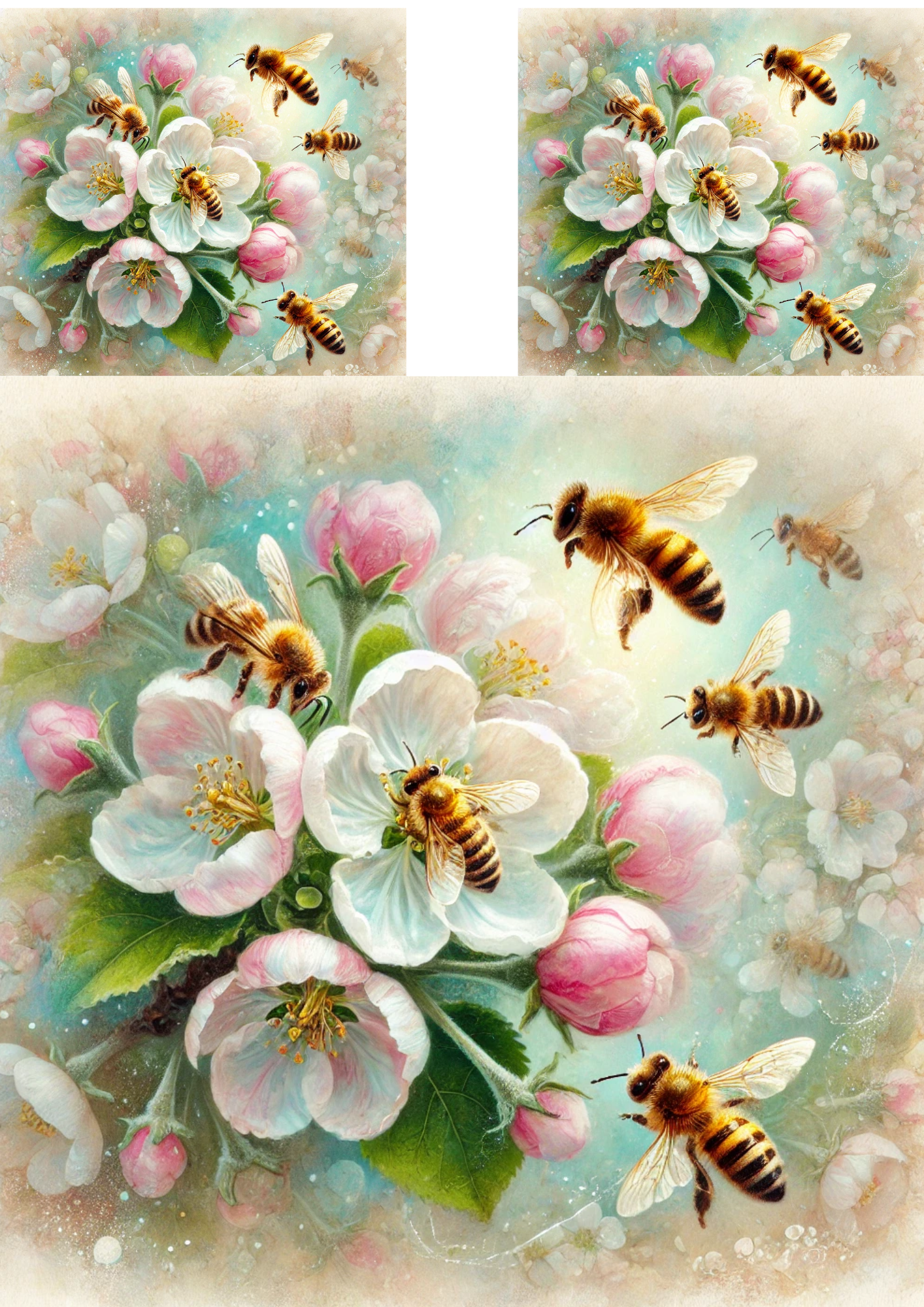 Rice Paper For Decoupage Bees On A Blooming Apple Tree Collage Cat No. 4088