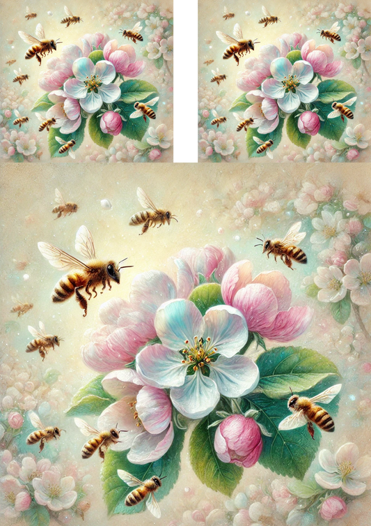 Rice Paper For Decoupage Bees On A Blooming Apple Tree 2 Collage Cat No. 4089