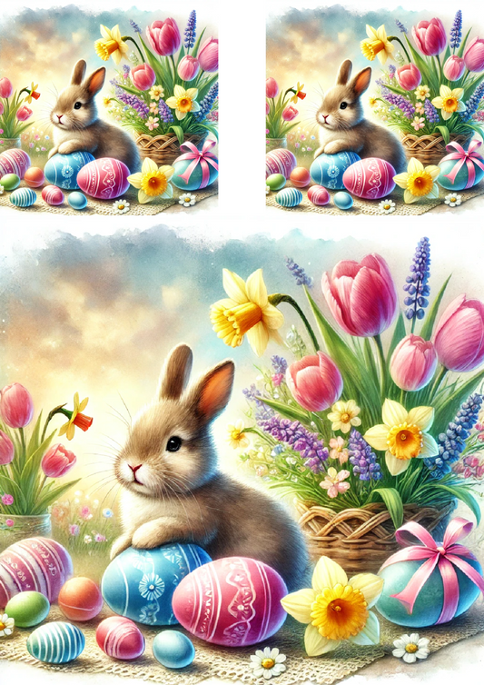 Rice Paper For Decoupage Easter Bunny With Colorful Easter Eggs In Vivid Colors Cat. No. 4220