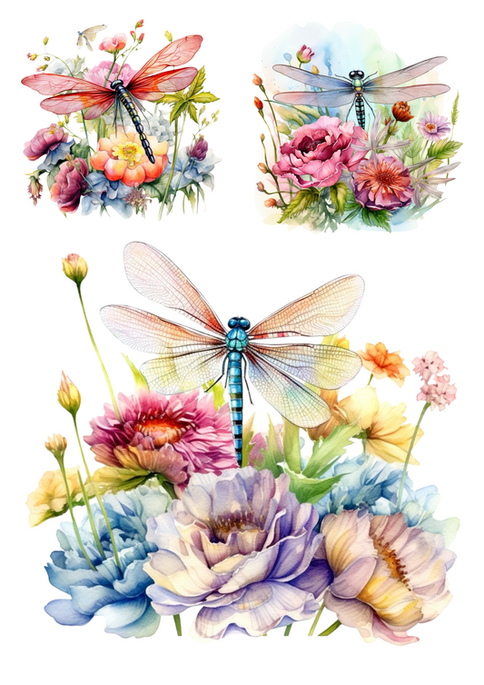 Rice Paper For Decoupage Dragonfly On Spring Flowers Watercolors Collage Cat. No. 4221