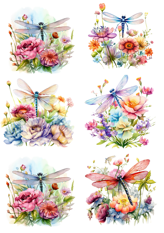 Rice Paper For Decoupage Dragonfly On Spring Flowers 2 Watercolors Collage Cat. No. 4222