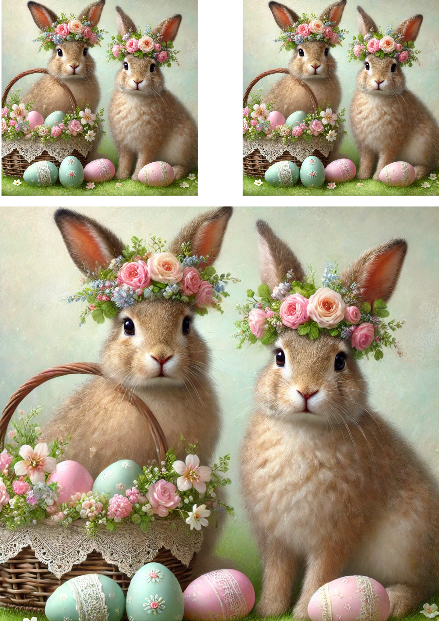 Rice Paper For Decoupage Easter Bunnies In Wreaths With A Basket With Easter Eggs Collage Cat. No.4254