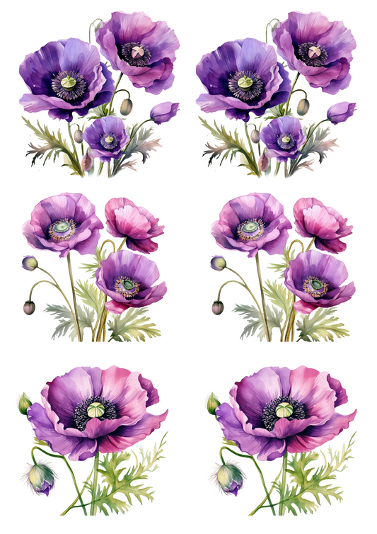 Rice Paper For Decoupage Purple Poppies Collage Cat. No.4257