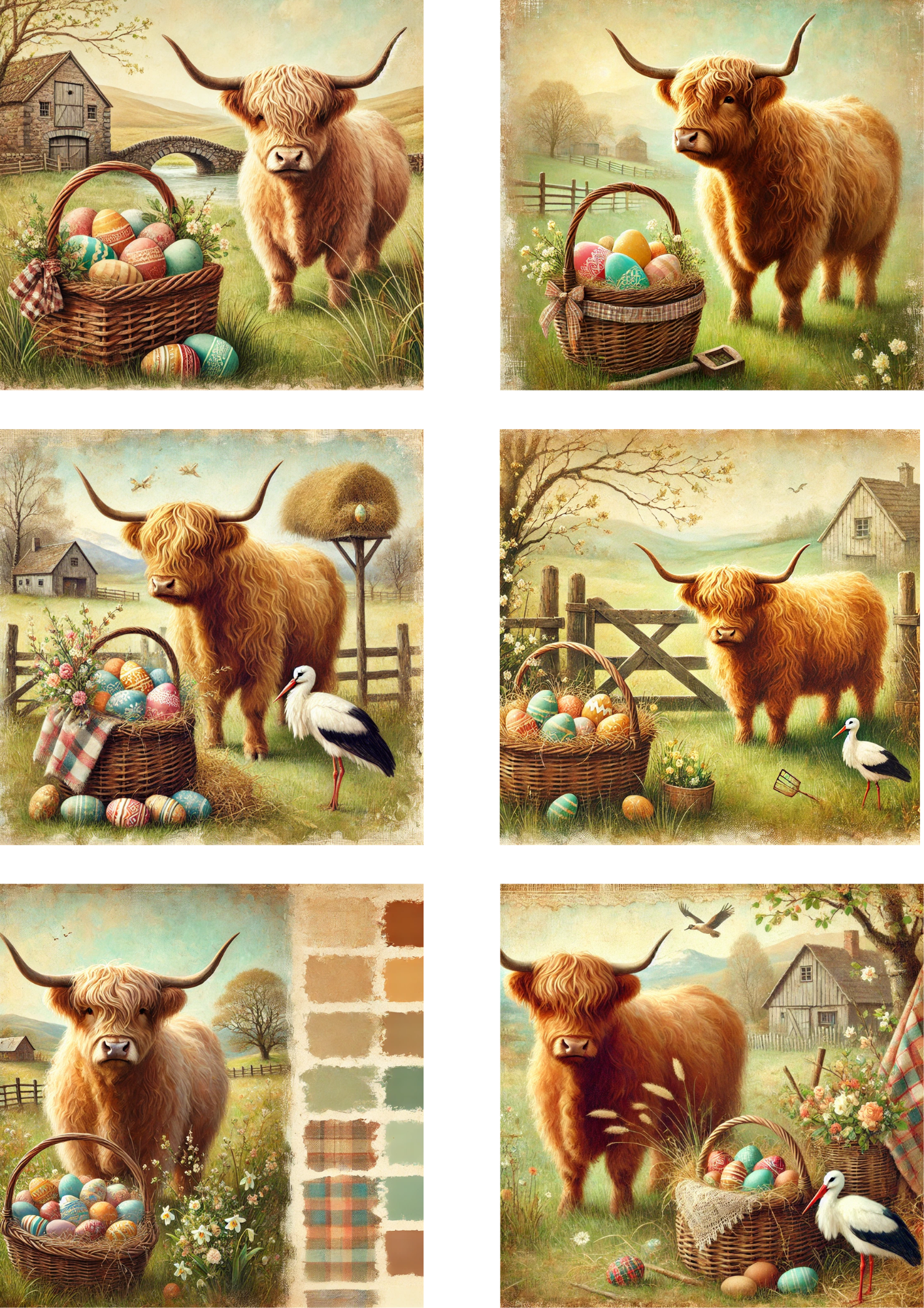 Rice Paper For Decoupage Highland Cow With Basket Of Easter Eggs Schabby Chic Collage Cat. No.. 4267