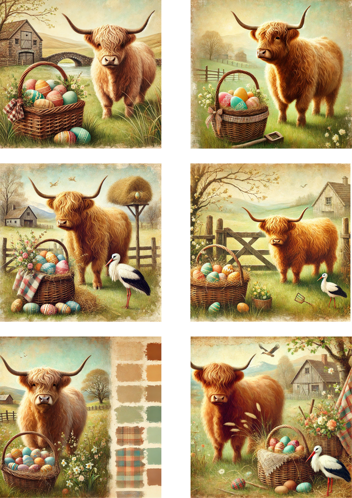 Rice Paper For Decoupage Highland Cow With Basket Of Easter Eggs Schab ...