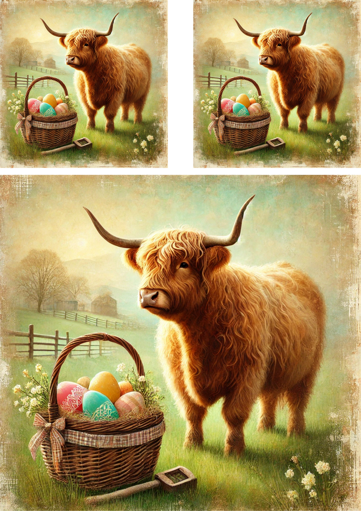 Rice Paper For Decoupage Highland Cow With Basket Of Easter Eggs Schab ...