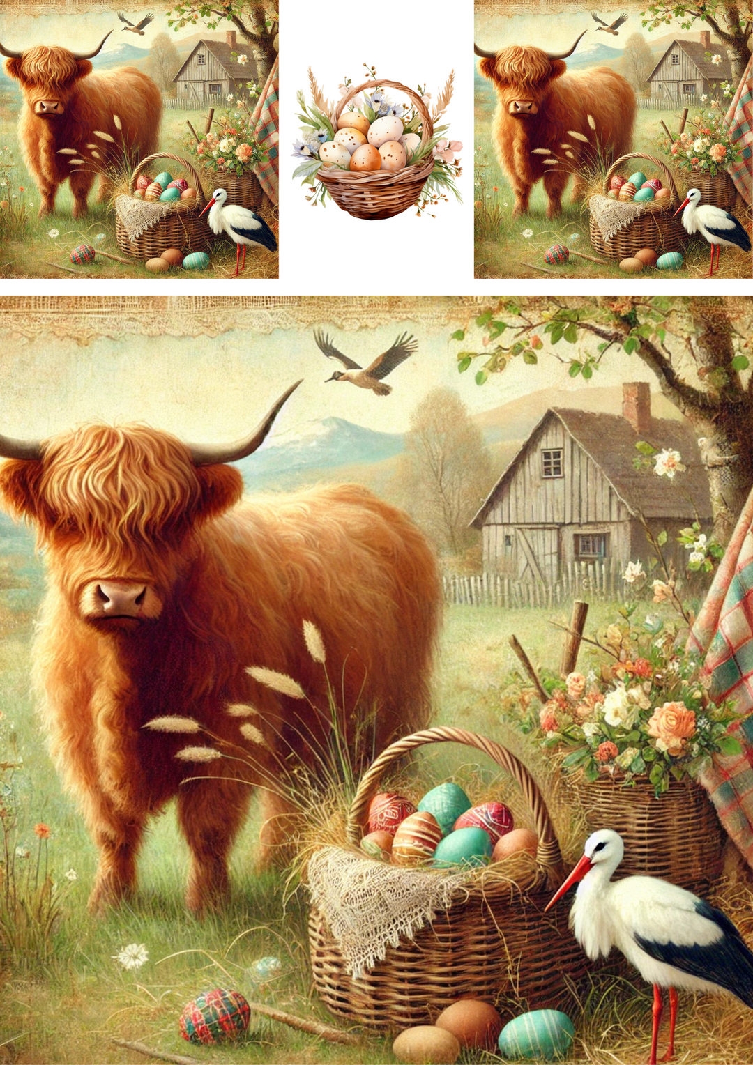 Rice Paper For Decoupage Highland Cow With Basket Of Easter Eggs Schabby Chic 3 Collage Cat. No. 4269