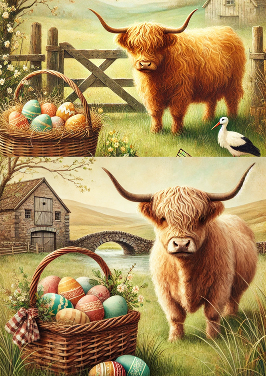 Rice Paper For Decoupage Highland Cow With Basket Of Easter Eggs Schabby Chic 4 Collage Cat. No. 4270