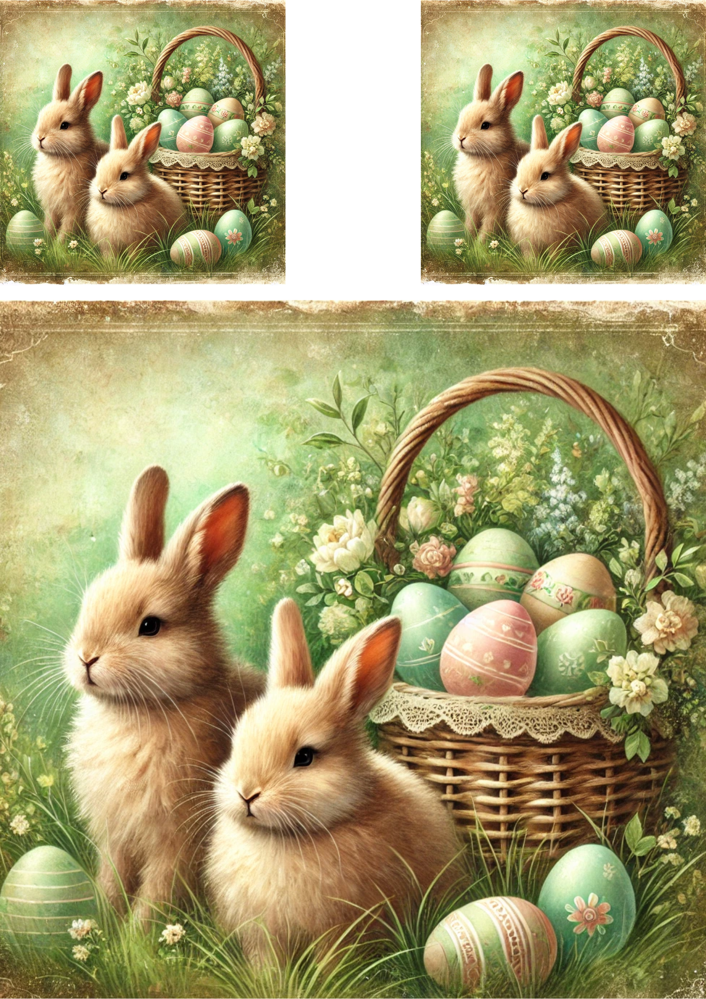 Rice Paper For Decoupage Easter Bunnies With Basket Of Easter Eggs Schabby Chic Collage Cat. No. 4271