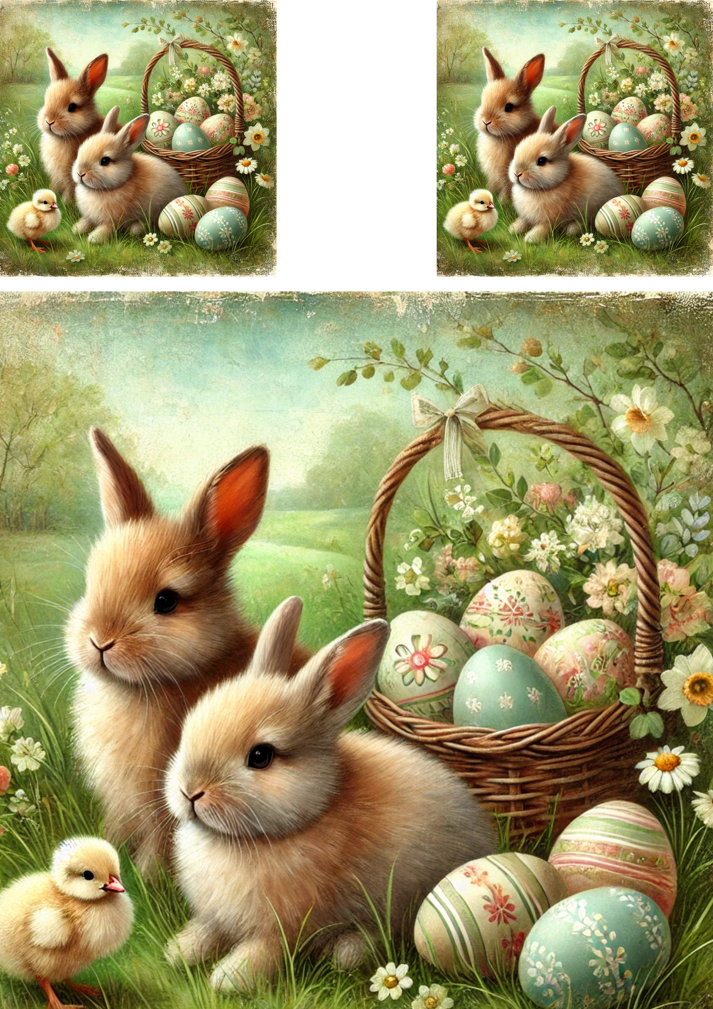 Rice Paper For Decoupage Easter Bunnies With Basket Of Easter Eggs 2 Schabby Chic Collage Cat. No. 4272