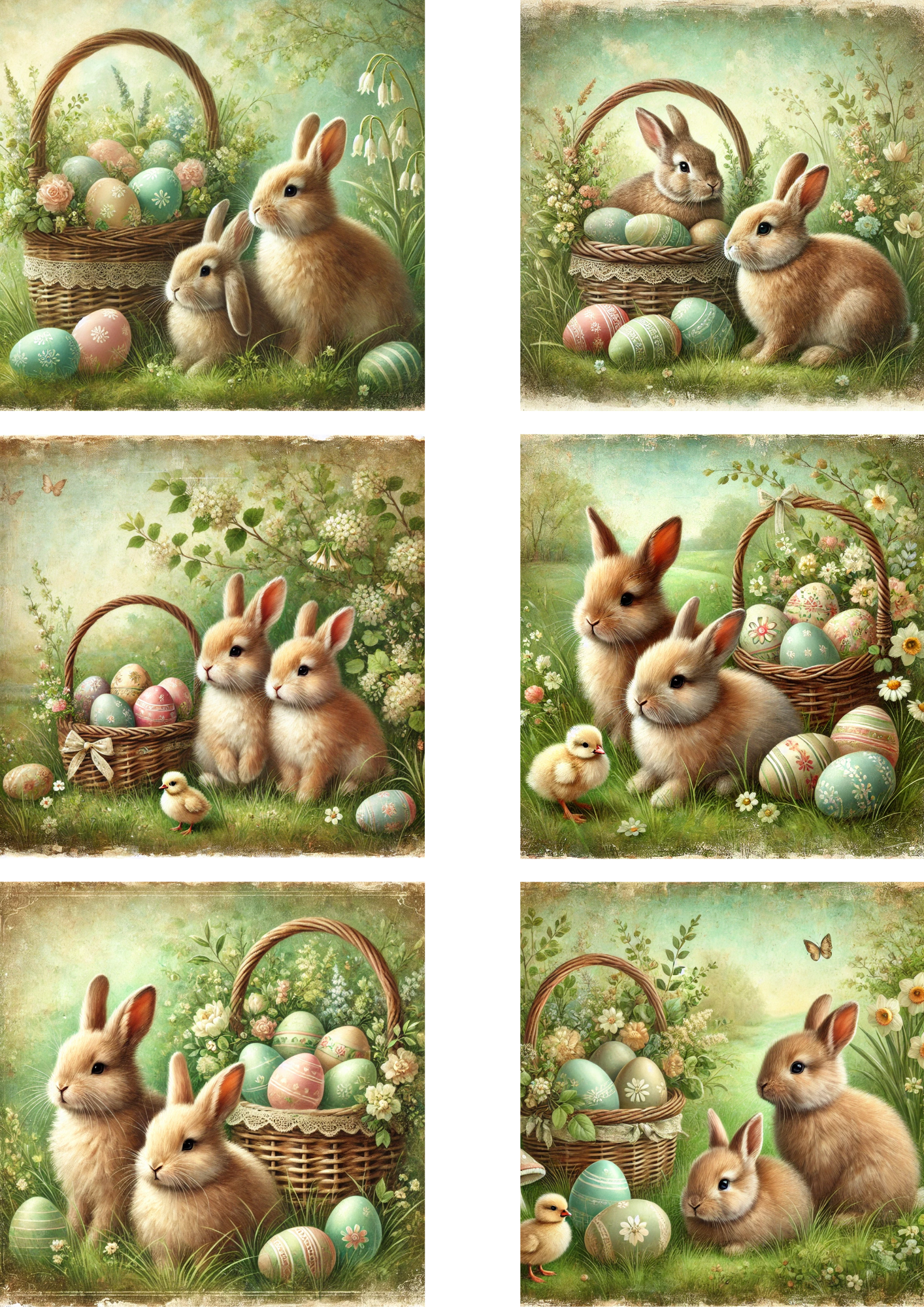 Rice Paper For Decoupage Easter Bunnies With Basket Of Easter Eggs 3 Schabby Chic Collage Cat. No. 4273