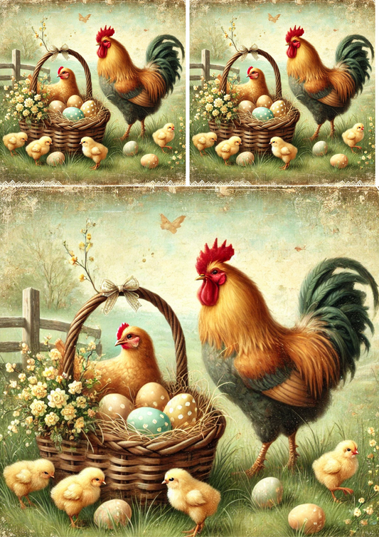 Rice Paper For Decoupage Rooster With Basket Of Easter Eggs 3 Shabby Chic Collage Cat. No. 4280