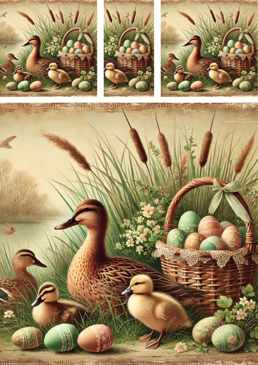 Rice Paper For Decoupage Duck And Ducklings With Easter Egg Basket Schabby Cic Collage Cat. No. 4281