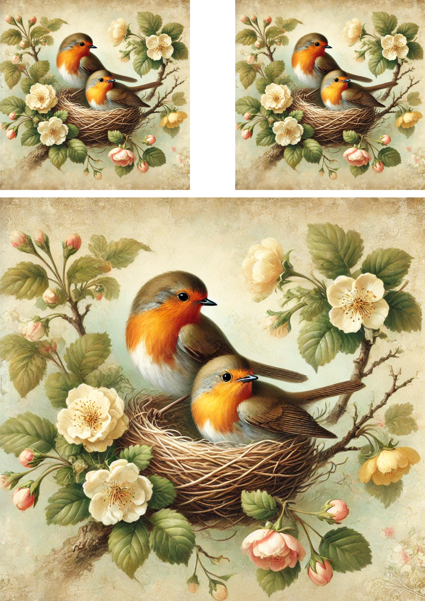 Rice Paper For Decoupage Robins In A Nest Among Flowers Schabby Cic Collage Cat. No. 4283