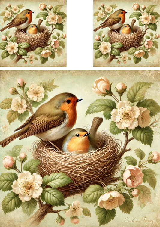 Rice Paper For Decoupage Red Robins In A Nest Among Flowers 2 Schabby Chic Collage Cat. No. 4284