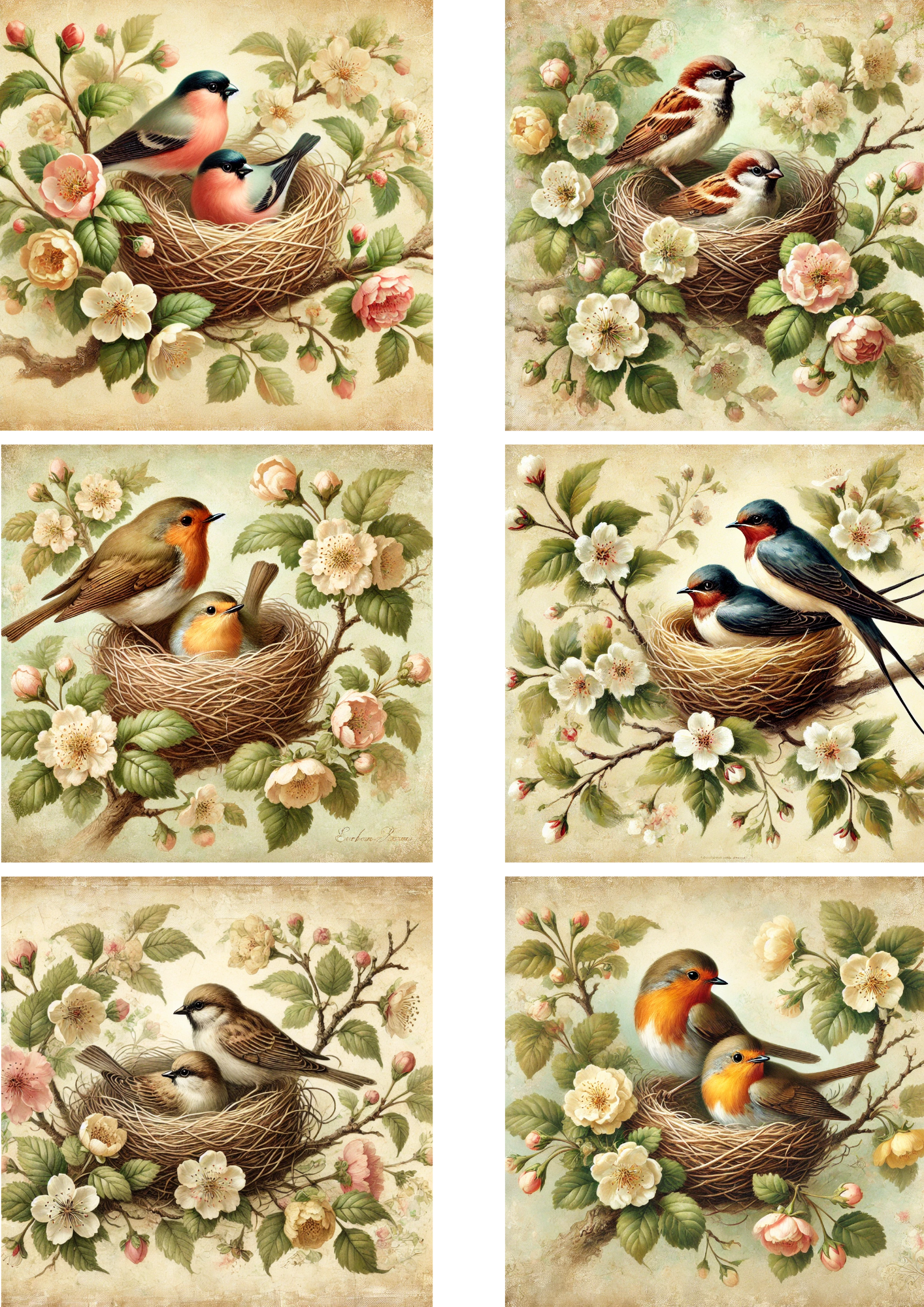 Rice Paper For Decoupage Birds In A Nest Among Flowers Mix Schabby Chic Collage Cat. No. 4287