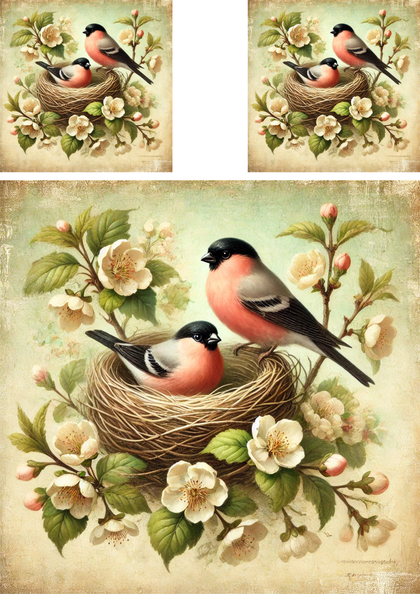 Rice Paper For Decoupage Bullfinches In A Nest Among Flowers Shabby Chic Collage Cat. No. 4288