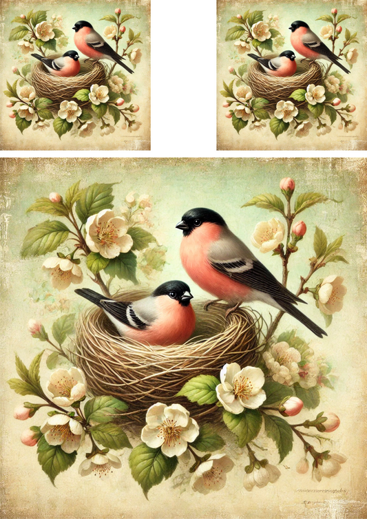 Rice Paper For Decoupage Bullfinches In A Nest Among Flowers Shabby Chic Collage Cat. No. 4288