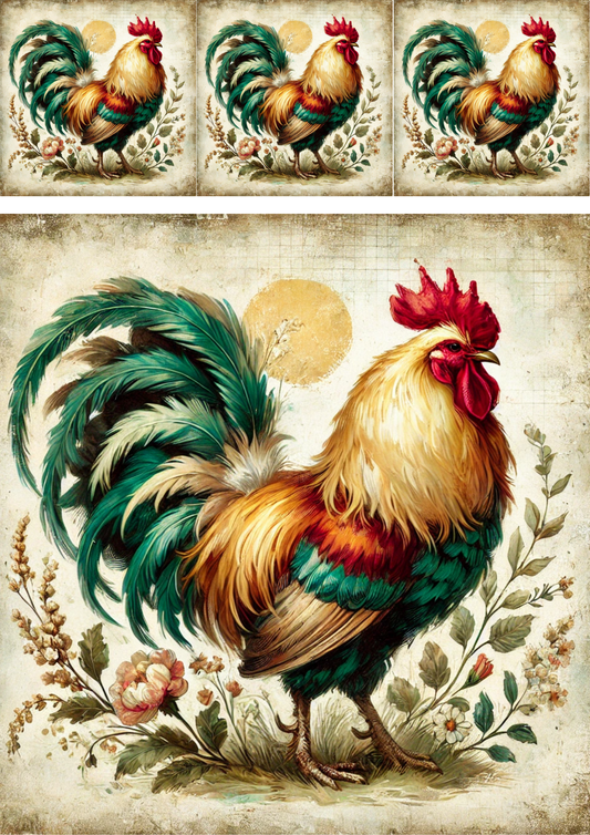 Rice Paper For Decoupage Rooster Shabby Chic Collage Cat. No. 4289