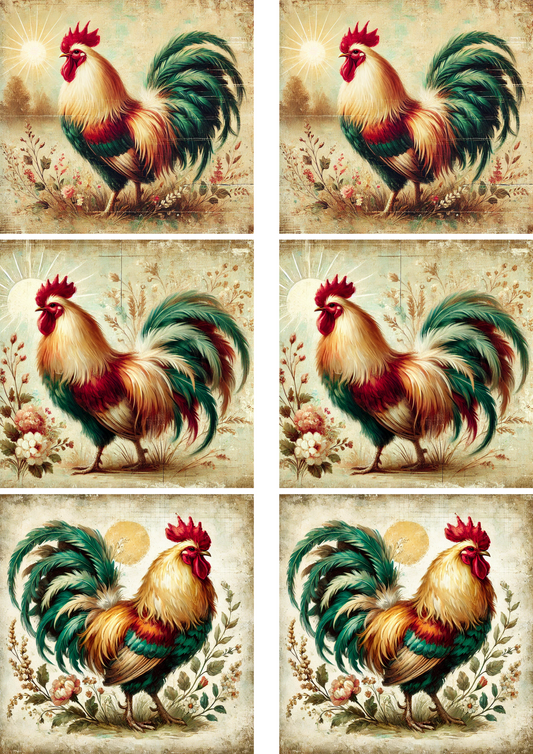 Rice Paper For Decoupage Rooster 3 Shabby Chic Collage Cat. No. 4291