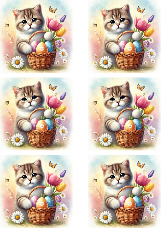 Rice Paper For Decoupage Kitten With Basket With Easter Eggs Collage Cat. No. 4301
