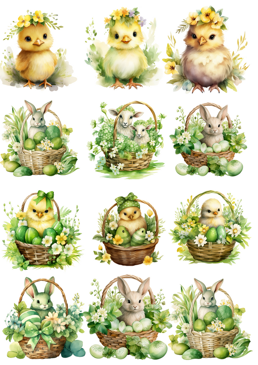 Rice Paper For Decoupage With Easter Animals In Baskets Collage Cat. No. 4317