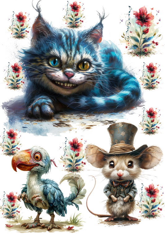 Rice Paper For Decoupage Dodo And Cheshire Cat Collage Cat. No. 4369