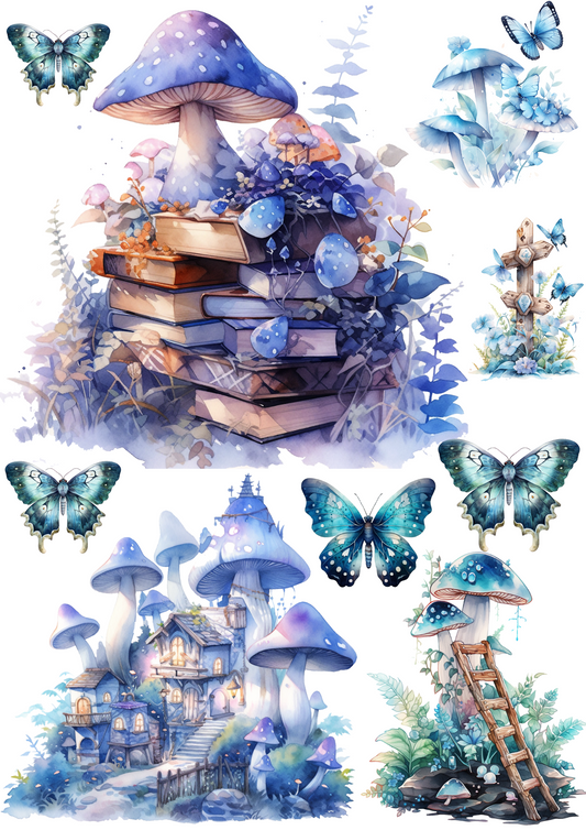 Rice Paper For Decoupage Magic Blue Mushrooms Fairy World Collage Cat. No. 4375