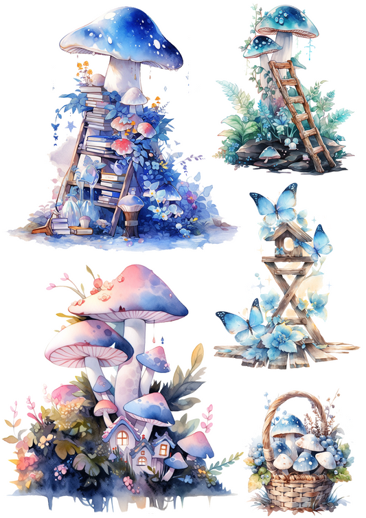 Rice Paper For Decoupage Magic Blue Mushrooms Toadstools Fairy World Collage Cat. No. 4376