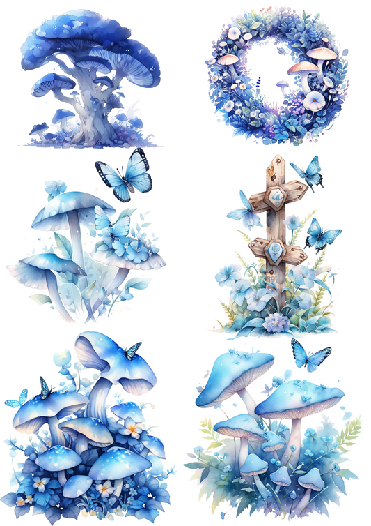 Rice Paper Decoupage Blue Magic Mushrooms Toadstools Collage Cat. No. 4378