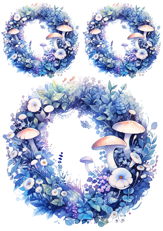 Rice Paper For Decoupage Blue Magic Mushrooms In Wreaths Collage Cat. No. 4379