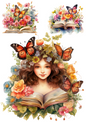 Rice Paper For Decoupage Butterfly Over Flowers And Book Collage Cat. No. 4393