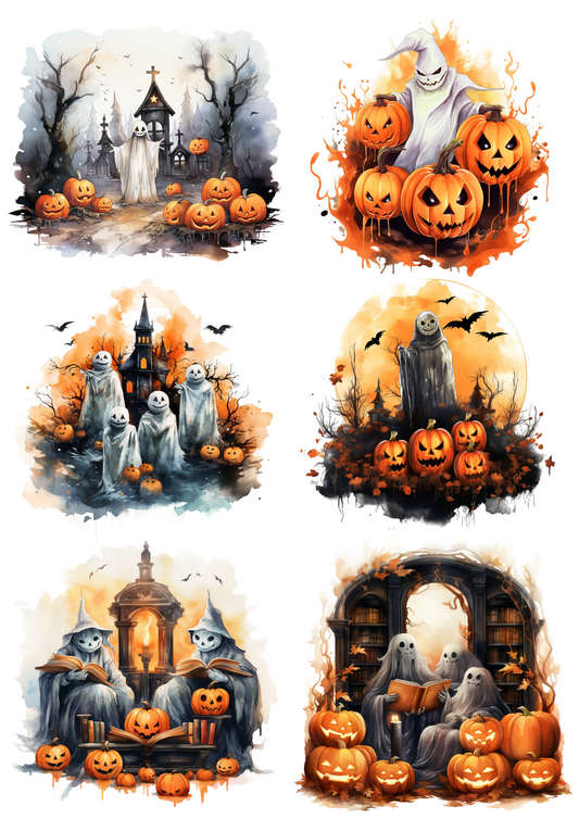 Rice Paper For Decoupage Ghost And Halloween Pumpkins Collage Cat. No. 4397