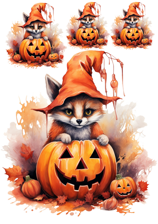 Rice Paper For Decoupage Little Fox And Halloween Pumpkins Collage Cat. No. 4406