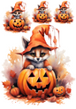 Rice Paper For Decoupage Little Fox And Halloween Pumpkins Collage Cat. No. 4406