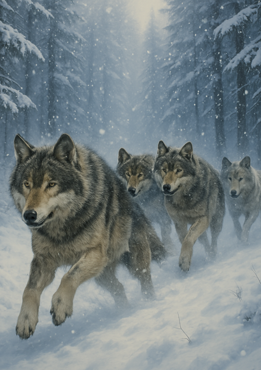 Rice Paper For Decoupage A Pack of Running Wolves In A Snowy Winter Forest Full Cat. No. 4424