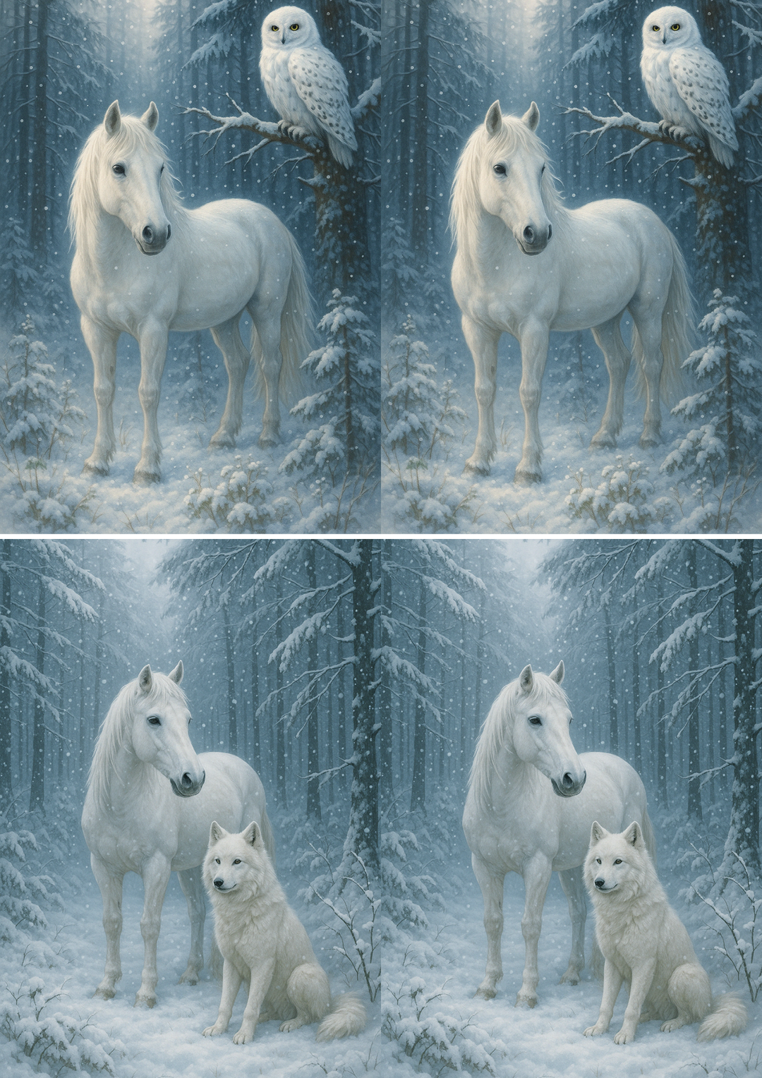 Rice Paper Decoupage White Horse and Owl in Winter Forest Collage Cat. No. 4453