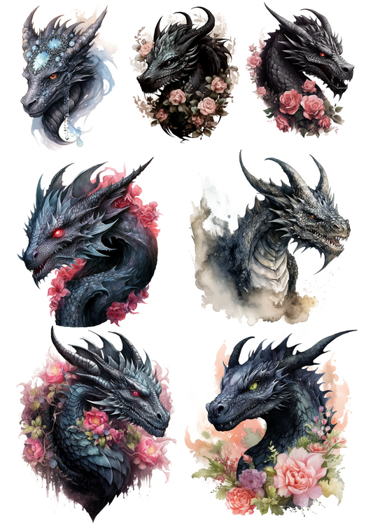 Rice Paper For Decoupage Gothic Dragons In Flowers Collage Cat. No. 4458