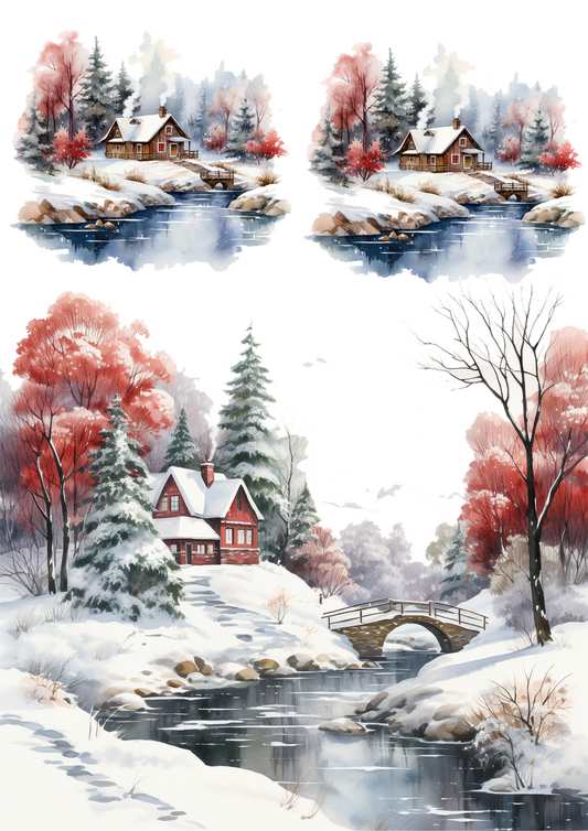 Rice Paper For Decoupage Winter Cottages Collage Cat. No. 4478