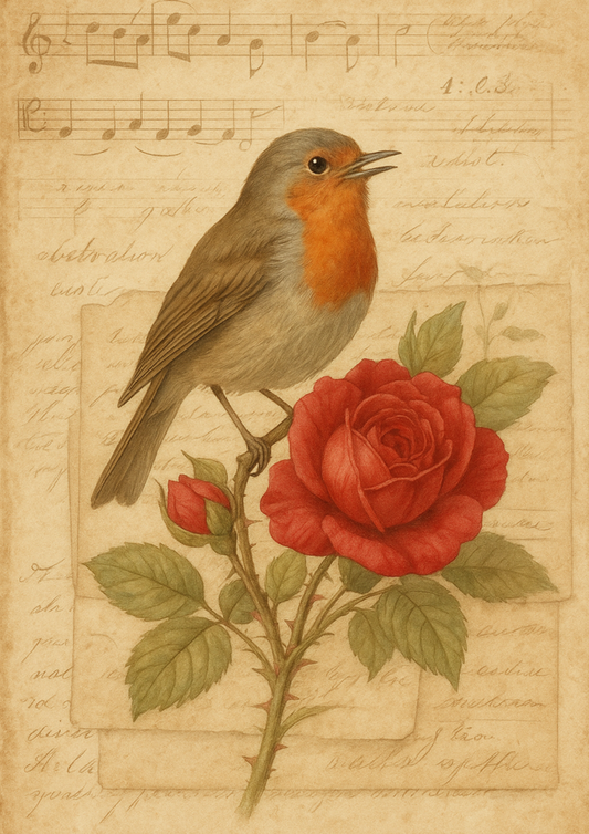 Rice Paper For Decoupage Red Robin On Rose And Music Notes Vintage Full Cat. No. 4488