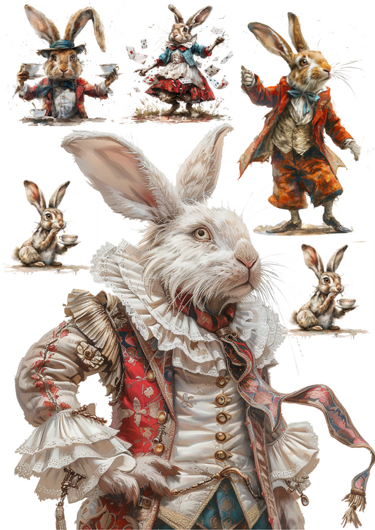 Rice Paper For Decoupage Alice In Wonderland White Rabbit Collage Cat. No. 4511
