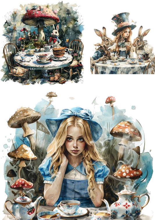 Rice Paper For Decoupage Alice In Wonderland Tea At The Hatter's Collage Cat. No. 4512