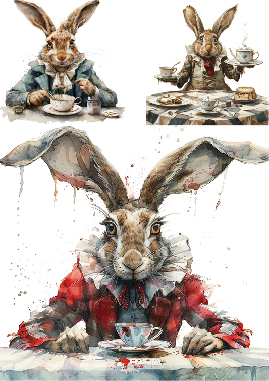 Rice Paper For Decoupage Alice In Wonderland White Rabbit Drinking Tea Collage Cat. No. 4514