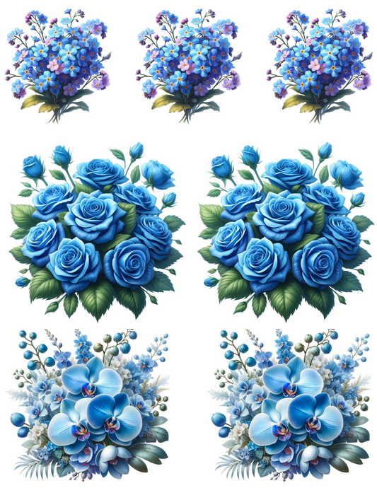 Rice Paper For Decoupage Blue Bouquets of Various Flowers Collage Cat. No. 4552