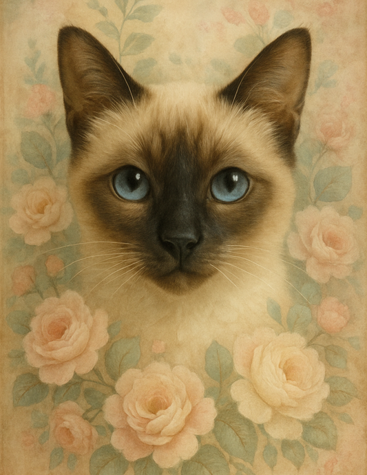 Rice Paper For Decoupage Siamese Cat In Flowers Cat. No. 4568